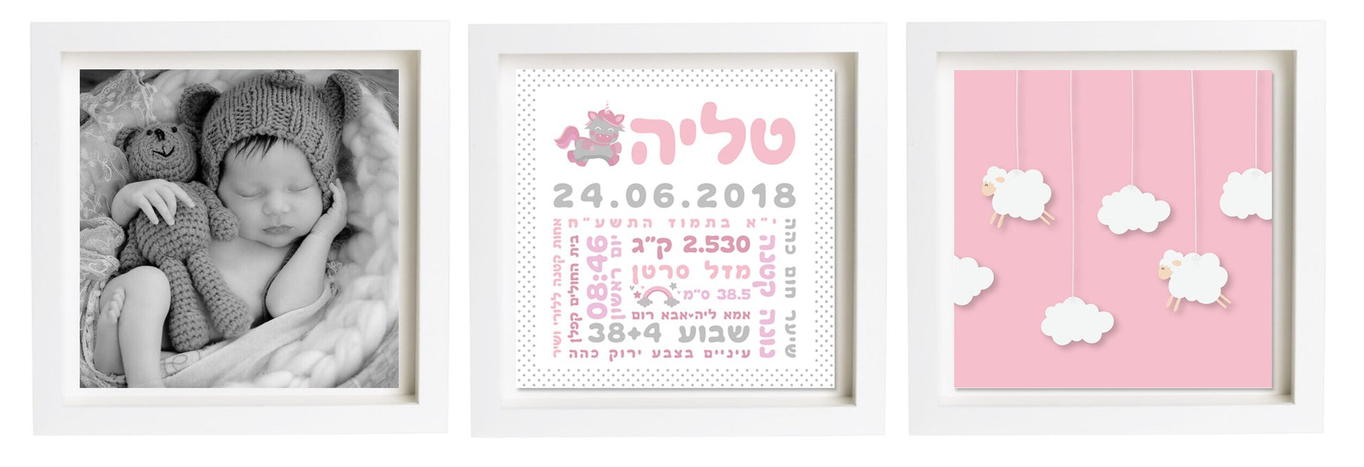  פיצקולים טריו | תעודת לידה | מתנה ליולדת | ורוד