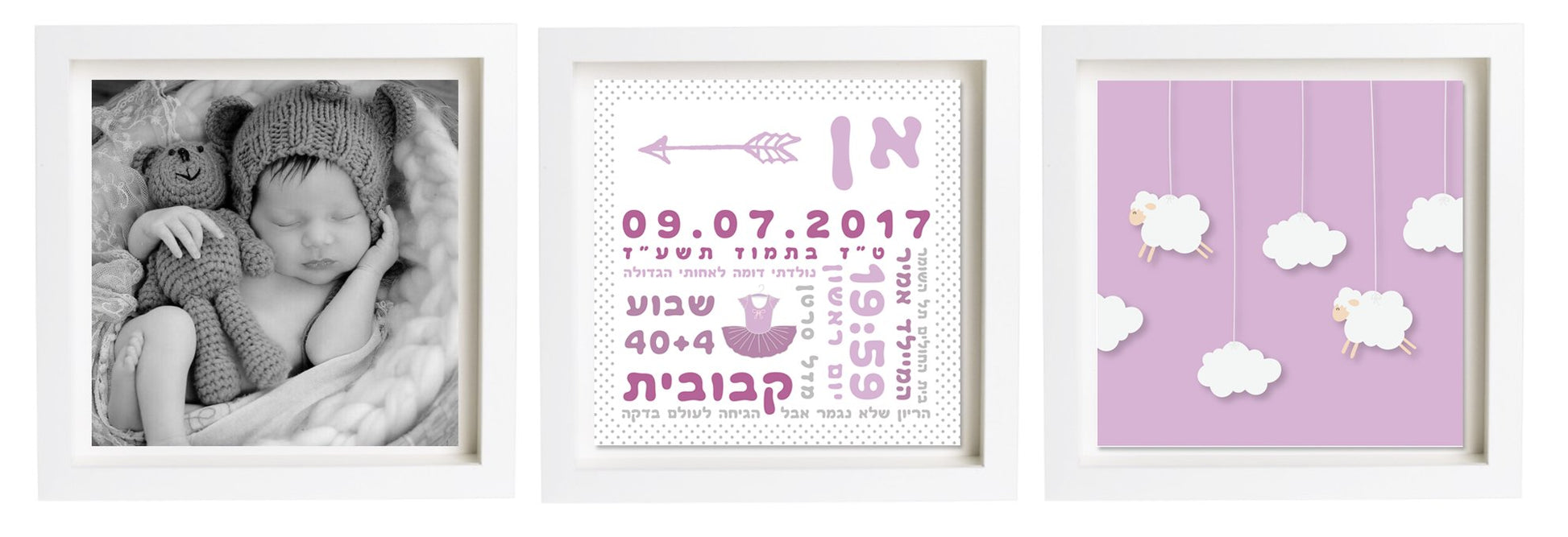  פיצקולים טריו | תעודת לידה | מתנה ליולדת | סגול