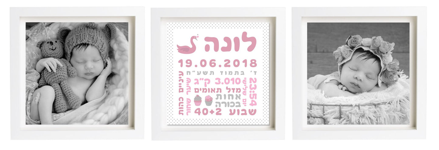  פיצקולים טריפל | תעודת לידה | מתנה ליולדת | ורוד