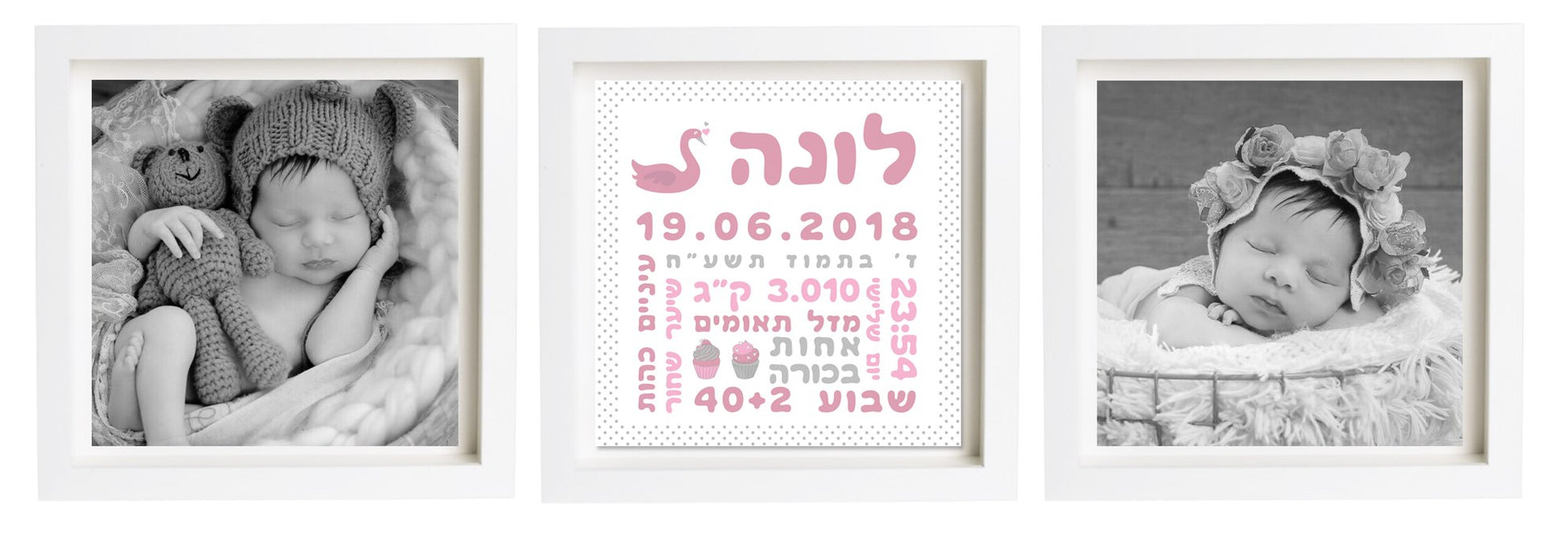  פיצקולים טריפל | תעודת לידה | מתנה ליולדת | ורוד